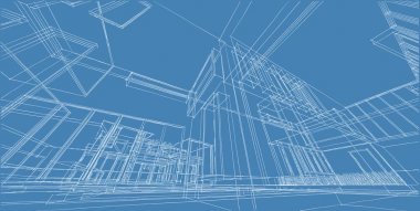 3d illüstrasyon mimarisi bina perspektif çizgileri.