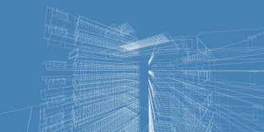 3d illüstrasyon mimarisi bina perspektif çizgileri.