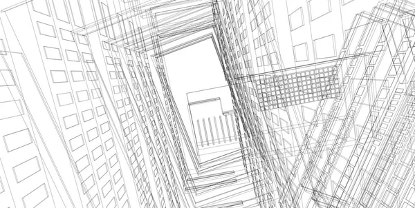 3D illustration architecture building perspective lines.