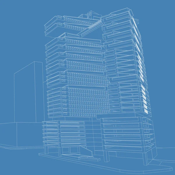 3d illüstrasyon mimarisi bina perspektif çizgileri.