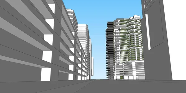 3D illustratie architectuur gebouw perspectieflijnen. — Stockfoto