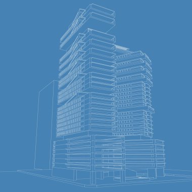 3d illüstrasyon mimarisi bina perspektif çizgileri.