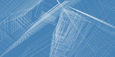 3d illüstrasyon mimarisi bina perspektif çizgileri.