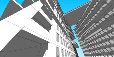3d illüstrasyon mimarisi bina perspektif çizgileri.