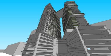 3d illüstrasyon mimarisi bina perspektif çizgileri.