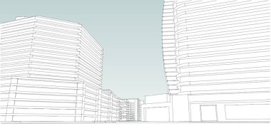 3d illüstrasyon mimarisi bina perspektif çizgileri.