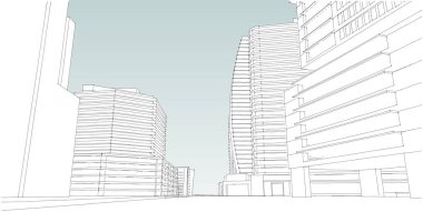 3d illüstrasyon mimarisi bina perspektif çizgileri.