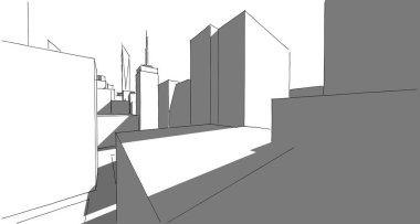 3d illüstrasyon mimarisi bina perspektif çizgileri.
