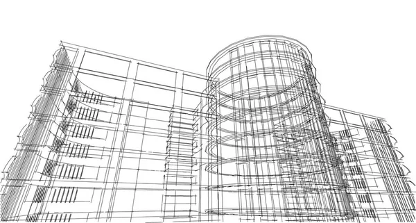 Estrutura de estrutura de wireframe de construção 3D abstrata. Ilustração ideia gráfica de construção, ideia de esboço arquitetônico . — Fotografia de Stock