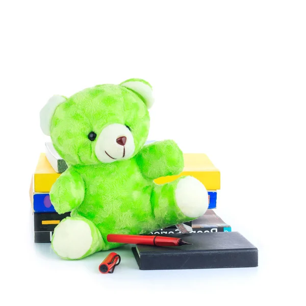 Grön nallebjörn och en bok, Björn, docka, sval, varm — Stockfoto