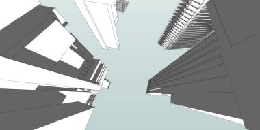 3d illüstrasyon mimarisi bina perspektif çizgileri.