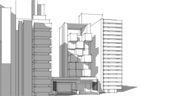 3d illüstrasyon mimarisi bina perspektif çizgileri.