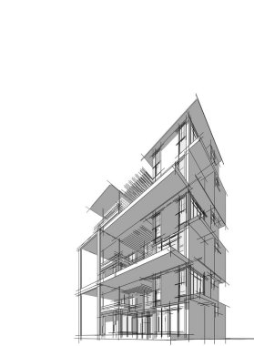 3d illüstrasyon mimarisi bina perspektif çizgileri.