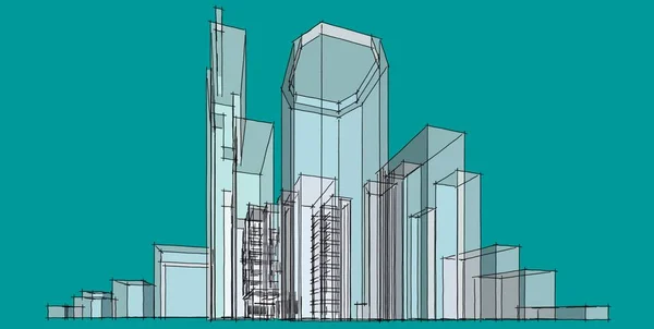 3D illustration architecture building perspective lines.