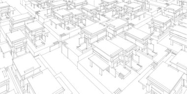 3d illüstrasyon mimarisi bina perspektif çizgileri.