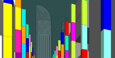 3d illüstrasyon mimarisi bina perspektif çizgileri.