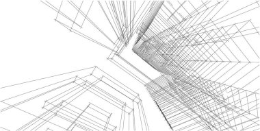 3d illüstrasyon mimarisi bina perspektif çizgileri.