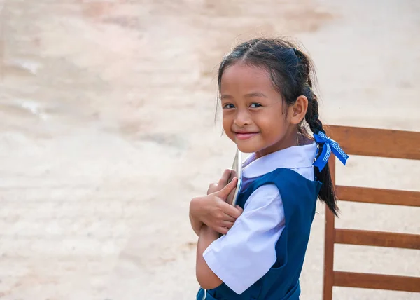 Happy Little Girl Holding Tablet Outdoors Summer Park — Stock Photo, Image