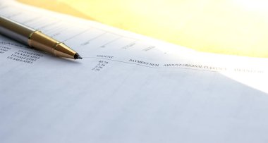 Başka bir kağıt seti ile bir klasörde beyaz kağıt üzerinde yatan altın kalem düşük açı görünümü 