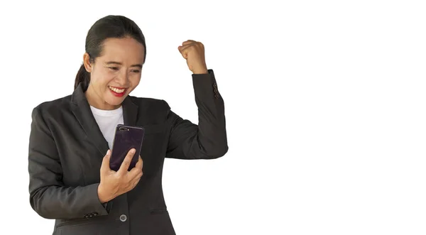 Surprised Business Woman Expressive Emotions Her Face Holding Smart Cell — Stock Photo, Image