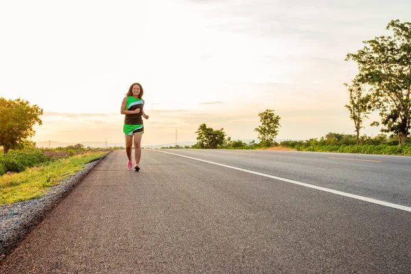 Road Hillside Area Time Sun Set Woman Exercising Running — Stock Photo, Image