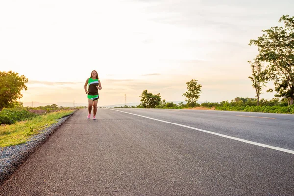 Road Hillside Area Time Sun Set Woman Exercising Running — Stock Photo, Image
