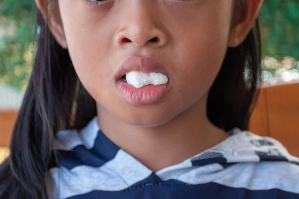 Post Dental Girl Dental Clinic Gauze Mouth Sore Sad Emotions — Stock Photo, Image