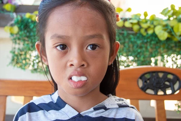 Post Dental Girl Dental Clinic Gauze Mouth Sore Sad Emotions — Stock Photo, Image