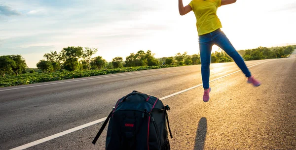 Happy Woman Jump Time Sun Set Concept Vacation Travel — Stock Photo, Image