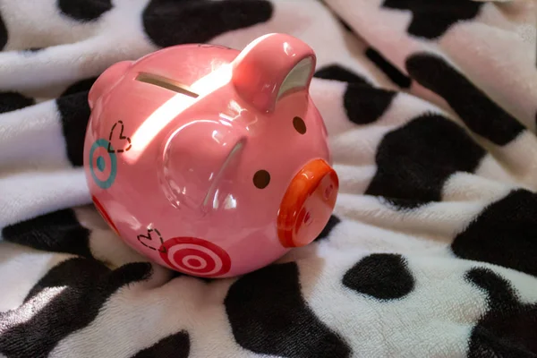Piggy Bank Bed Morning Sun Light Financial Concept — стоковое фото