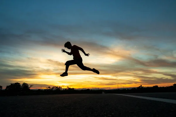 Happy Man Jumping Time Sun Set Concept Vacation Travel — Stock Photo, Image