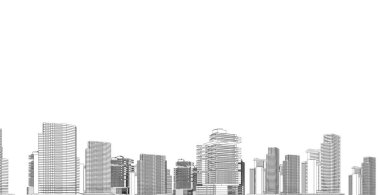 Modern mimari tel kafes. Kentsel tel kafes kavramı. Tel kafes bina mimari 3d illüstrasyon