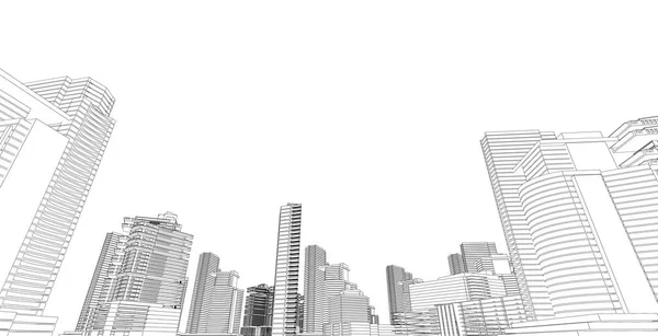 Modern mimari tel kafes. Kentsel tel kafes kavramı. Tel kafes bina mimari 3d illüstrasyon