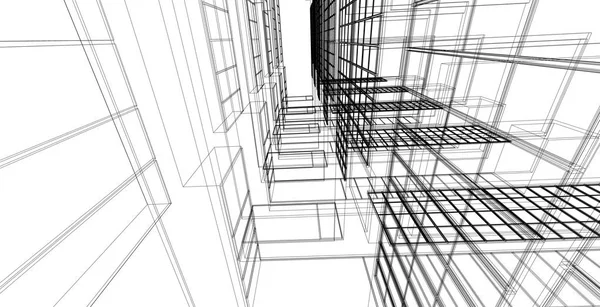 現代建築のワイヤーフレーム 都市線枠の概念 建築のワイヤーフレームビル3Dイラスト — ストック写真