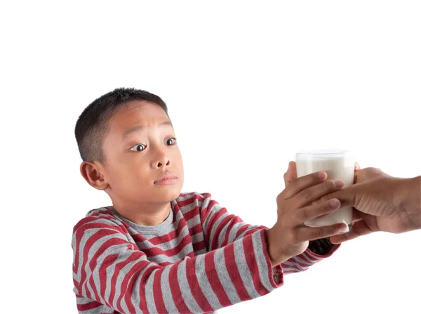 Concept Healthy Milk Drinking Little Boy Happy Glass Milk Received — Stock Photo, Image