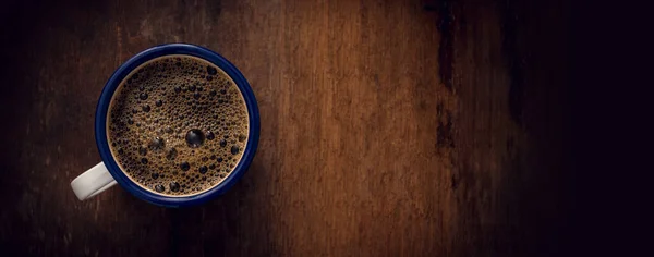 Kopje Koffie Houten Achtergrond Begrepen Ruimte Bovenaanzicht Plat Gelegd Panorama — Stockfoto