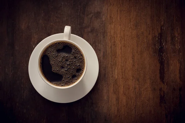 Tasse Kaffee Auf Holzuntergrund Vorhanden Kopierraum Ansicht Von Oben Flache — Stockfoto