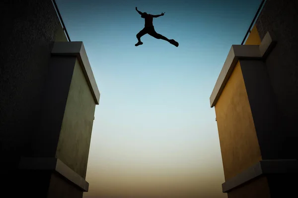 Concept Jumping Obstacles Silhouette Man Jumping Two Tall Buildings — Stock Photo, Image