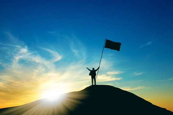 Concept Success Silhouette Business Man Victory Flag Top Mountain — Stock Photo, Image