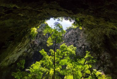 Güneş delik yeşil ağaç ve mavi gökyüzü ve bulut Prachuap Khiri Khan Tayland at Phraya Nakhon mağarada hafif. Görünmeyen Tayland doğal mağara