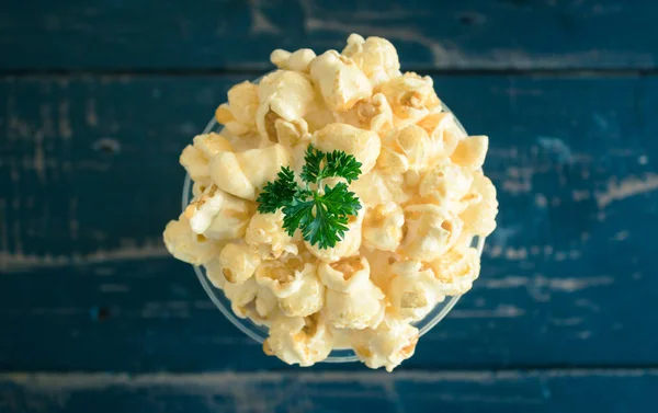 Sweet Caramel Popcorn and Whipped Cream and Fresh Milk with Parsley Flatlay Center Vintage