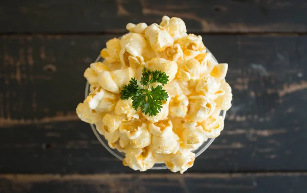 Sweet Caramel Popcorn and Whipped Cream and Fresh Milk with Parsley Flatlay Center