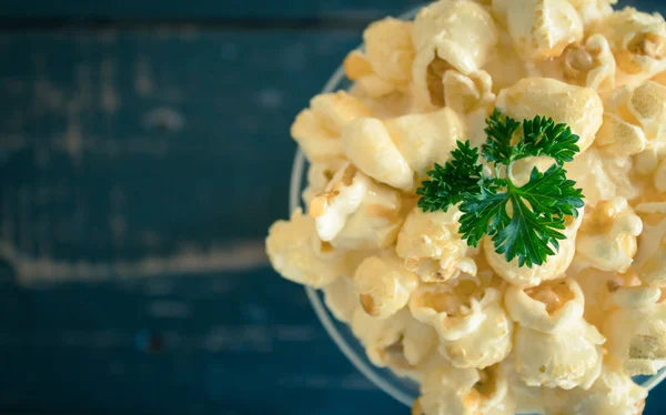 Sweet Caramel Popcorn and Whipped Cream and Fresh Milk with Parsley Flatlay Half Vintage