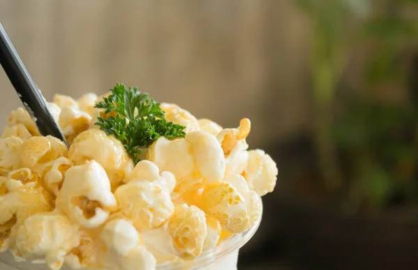 Sweet Caramel Popcorn and Whipped Cream and Fresh Milk with Parsley Side