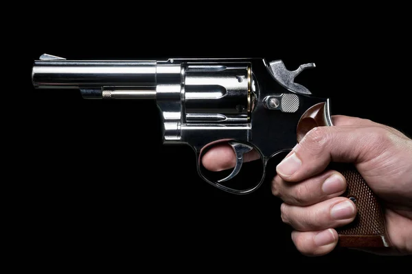 Rostfri pistol eller shooter i mänsklig hand Side View — Stockfoto