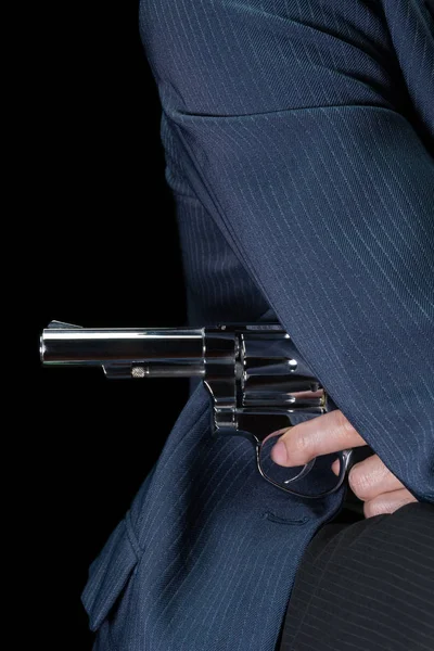 Man håller rostfri pistol eller shooter i handen sida kropp i bokomslag stil — Stockfoto