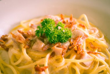 Pastırma ve Jambon ve Maydanoz ve Mayonez Soslu Spagetti Carbonara Merkezi Retro kapat
