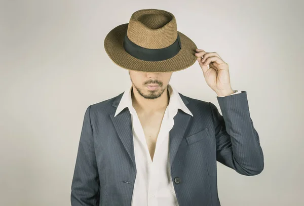 Portrait Man in Navy Blue Suit and Hat Fashion on Front View Vin