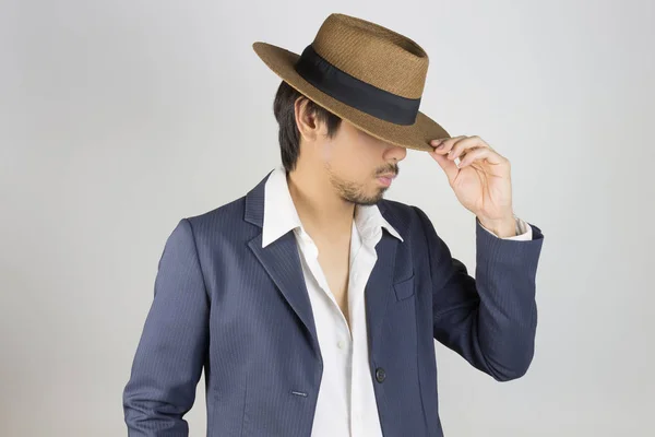 Portrait Man in Navy Blue Suit and White Shirt and Hat Fashion o