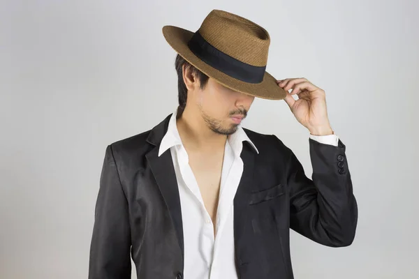 Portrait Man in Black Suit and White Shirt and Hat Fashion on Fr